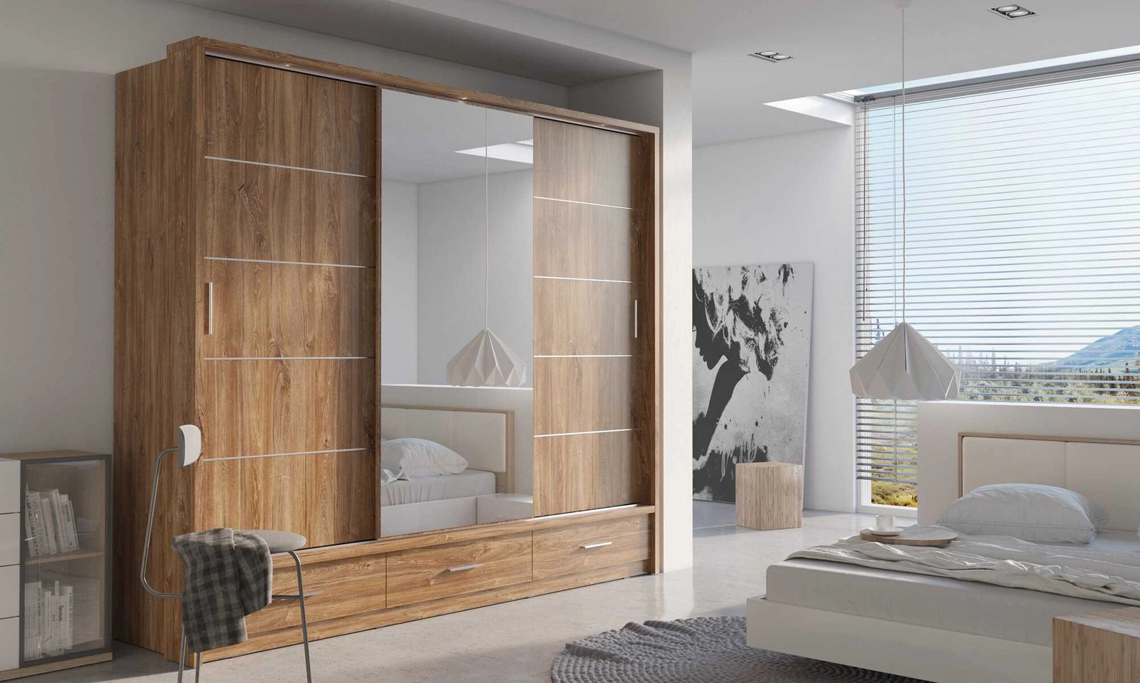 Szafa przesuwana z lustrem Arti w kolorze dąb stirling Szafa z lustrem do sypialni Szafy przesuwne do pokoju