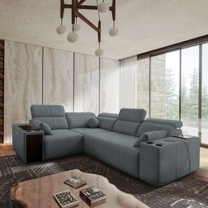 Narożnik z funkcją spania Tesalia II szary lewostronny komfortowy narożnik do salonu z przesuwanym oparciem pojemnik na pościel