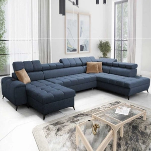 Narożnik z funkcją spania Bolmso VI niebieski lewostronny wygodny narożnik z regulowanymi zagłówkami dekoracyjne pikowania na siedzisku