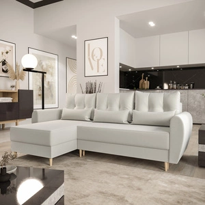 Narożnik z funkcją spania Rovigo kremowy lewostronny elegancki narożnik w skandynawskiej formie duży pojemnik na pościel