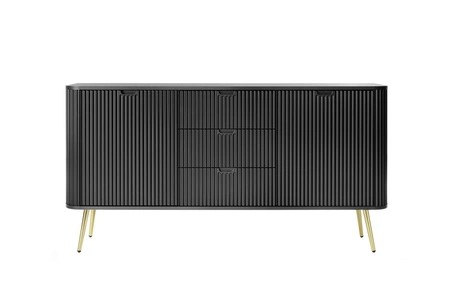Komoda z szufladami Zoya 168 cm czarna elegancki design owalny kształt bryły osadzony na złotych nogach gustowny ryflowany front