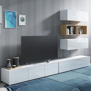 Meblościanka Apulia XXVII biały połysk / dąb złoty wyjątkowo stylowa meblościanka proste bryły wpisujące się w każde wnętrze