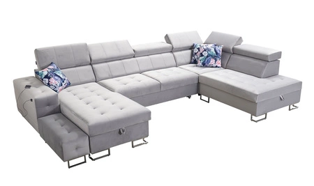 Narożnik z funkcją spania Hampton VI kwarcowy róż lewostronny funkcjonalny narożnik do salonu z ruchomą dostawką oraz półką