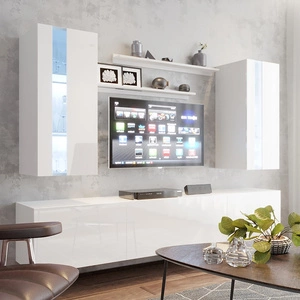 Meblościanka Tasos biała / biały połysk minimalistyczny design meblościanka do salonu lub pokoju dziennego system push to open