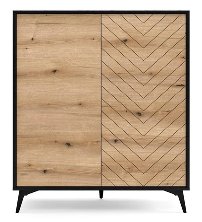 Komoda wysoka Gusto 104 cm czarna / dąb evoke funkcjonalna idealna do wnętrz w stylu nowoczesnym klasycznym i skandynawskim