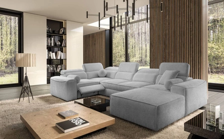 Narożnik z funkcją spania Viano IV Lux jasny szary prawostronny designerski narożnik z wysuwanym podnóżkiem duży pojemnik na pościel