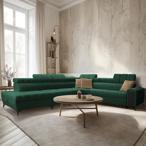 Narożnik z funkcją spania Bolmso XII zielony lewostronny nowoczesny design narożnik zapewnia komfort obszerne pojemniki na pościel