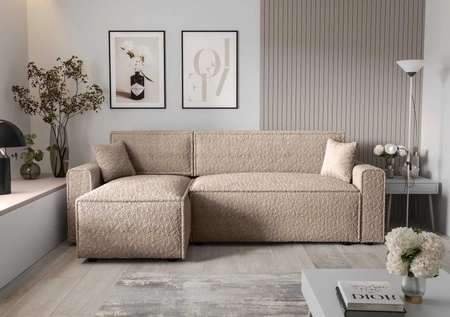 Narożnik z funkcją spania Brandon Bis beżowy lewostronny miękka tkanina o charakterystycznej pętelkowej powierzchni pojemnik na pościel