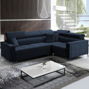 Narożnik z funkcją spania Nausa II granatowy prawostronny velvet dekoracyjne przeszycia na siedzisku narożnik z pojemnikiem na pościel