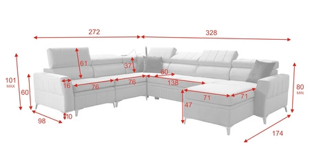 Narożnik z funkcją spania Rava VII błękitny prawostronny praktyczny i nowoczesny narożnik do salonu z regulowanymi zagłówkami