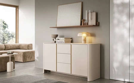 Komoda z szufladami Bari 168 cm beżowa nowoczesny design komody do salonu owalny kształt przyciąga wzrok złote dodatki