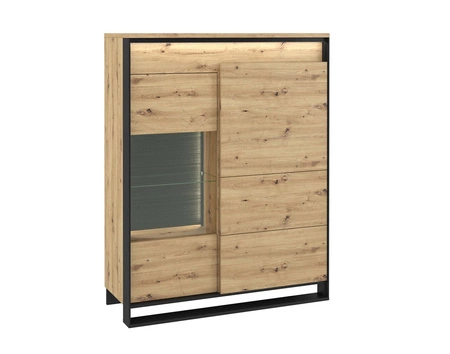 Witryna niska Quant 110 cm dąb artisan / czarny elegancka witryna do salonu w stylu loftowym z subtelnym oświetleniem LED