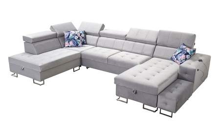 Narożnik z funkcją spania Hampton VI czarny prawostronny funkcjonalny narożnik do salonu z ruchomą dostawką oraz półką