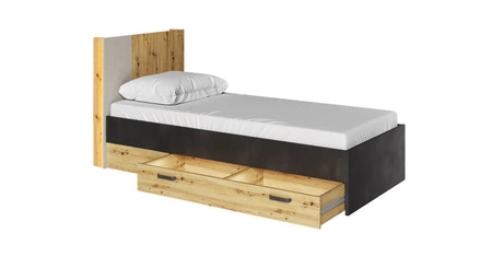 Łóżko Qubic 90x200 cm dąb artisan / raw steel / silk flou wygodne łóżko z szufladą wysoki zagłówek z oświetleniem LED i półką