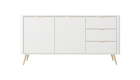 Komoda z szufladami Lante 163 cm biała gustowna komoda z ryflowanymi frontami wsparta na wysokich skośnych nogach stylowe uchwyty