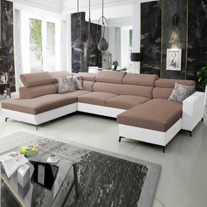 Narożnik z funkcją spania Savona VI jasny brąz / biały prawostronny komfortowy narożnik do salonu z dwoma pojemnikami na pościel
