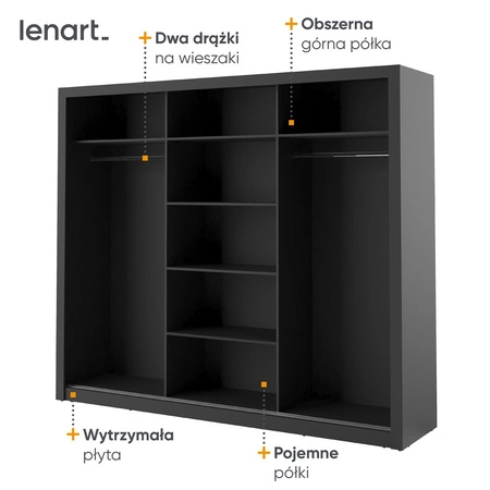 Szafa przesuwna z lustrem Arti 250 cm czarna pojemna szafa do sypialni przedpokoju lub garderoby drzwi szafy wykończone dużymi lustrami