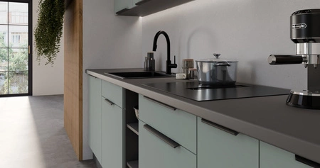 Zestaw mebli kuchennych Treviso Ant 300 cm stylowe szafki kuchenne z frontami wykonanymi w technologii anti fingerprint metalowe uchwyty