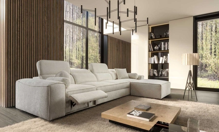Narożnik z funkcją spania Viano XII Lux kremowy prawostronny designerski narożnik do salonu z komfortowym wysuwanym podnóżkiem