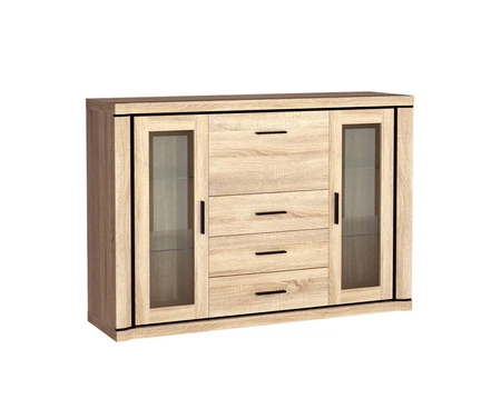 Komoda z szufladami Dallas 157 cm dąb sonoma / czarny elegancka stylistyka mebla wzbogacona o stylowe czarne dodatki przeszklone fronty
