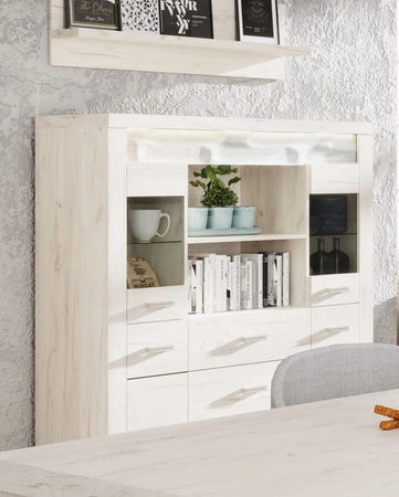 Komoda z szufladami Indiana 137 cm kraft biały gustowna stylistyka komody z przeszkleniem ozdobna deska na froncie komody oświetlona LED