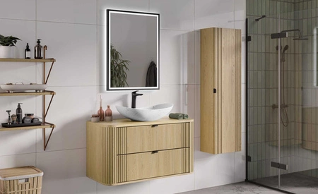 Szafka pod umywalkę Ovalia Cremona 100 cm dąb cremona elegancka szafka do łazienki o zaoblonym kształcie wyraziste pionowe ryflowania