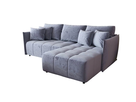 Narożnik z funkcją spania Oroso błękitny prawostronny miękka tkanina typu velvet z powłoką hydrofobową pojemnik na pościel