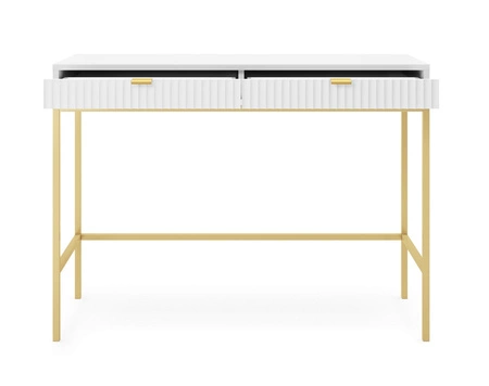 Konsola Lovro biała z szufladami stylowy oraz funkcjonalny mebel do przedpokoju salonu czy biura metalowy stelaż w złotym kolorze
