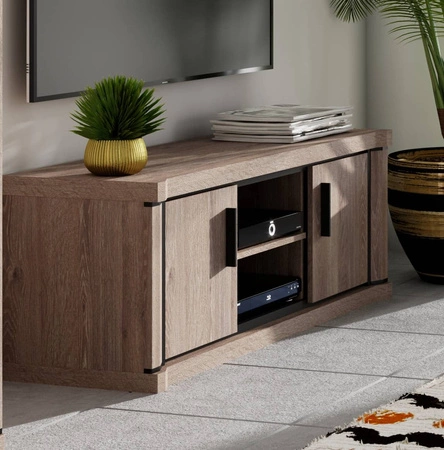 Szafka RTV Dallas 137 cm dąb truflowy / czarny nowoczesny design mebla wzbogacony o stylowe czarne dodatki szafka z drzwiami