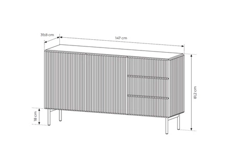 Komoda z szufladami Muti 147 cm czarna stylowa komoda z designerskim ryflowaniem wysokie nogi podkreślają elegancką stylistykę