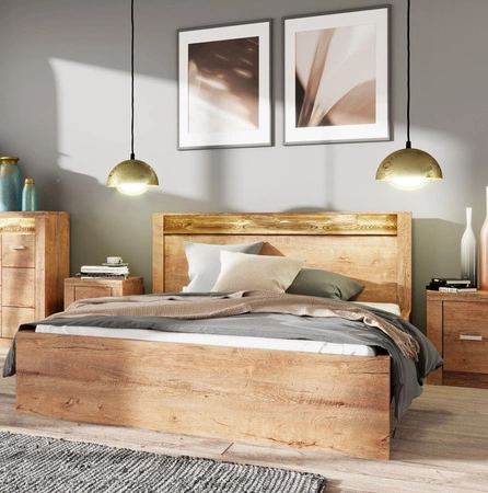 Łóżko Indiana 160x200 cm jesion jasny idealne łóżko do stylowej sypialni ozdobna deska na zagłówku oświetlona LED