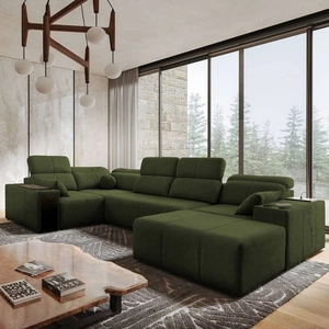 Narożnik z funkcją spania Tesalia IV zielony prawostronny komfortowy narożnik do salonu z innowacyjną funkcją przesuwanego oparcia
