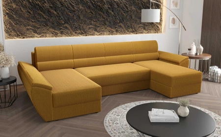 Narożnik z funkcją spania Fogu U III miodowy stylowy narożnik z podłokietnikami i pojemnikiem na pościel sztruksowa tkanina