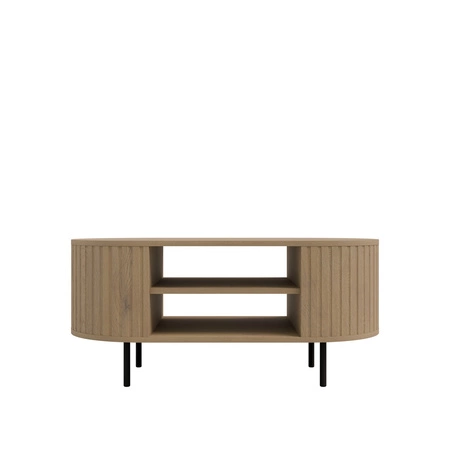 Stolik kawowy Ovalio dąb cremona designerska owalna konstrukcja dekoracyjne frezowania stolik osadzony na stabilnych metalowych nogach