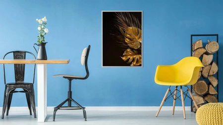 Plakat złote liście monstery 70x100 plakat w ramie precyzyjny wydruk ze stylową grafiką doskonała dekoracja do salonu lub sypialni