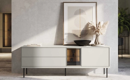 Szafka RTV Epiro 161 cm beżowy / dąb ciemny nowoczesny design i wysoka jakość wykonania szafka z przeszklonym frontem i oświetleniem LED