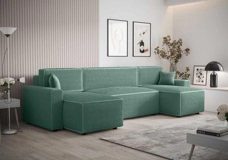 Narożnik z funkcją spania Brandon U Bis patynowy pojemnik na pościel trójwymiarowa tkanina o wyrazistych prążkach miękkie podłokietniki