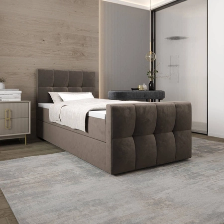 Łóżko kontynentalne Manhattan 120x200 jasny brąz w nowoczesnym skandynawskim stylu z tapicerowanym zagłówkiem i zanóżkiem łóżko z pojemnikiem