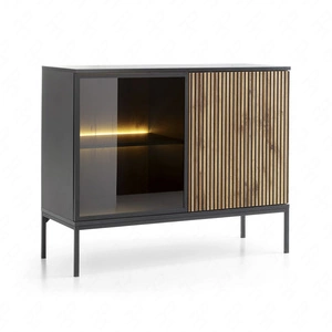 Komoda Amma 104 cm czarny / dąb wotan nietuzinkowy design ryflowane i przeszklone fronty komody z systemem push to open