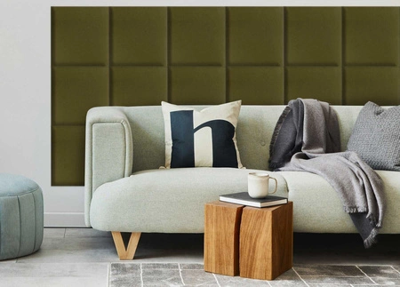 Panel tapicerowany Quadra 30x30 cm oliwkowy stylowy panel ścienny kwadrat welurowa tkanina modne wykończenie każdej aranżacji