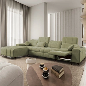 Narożnik z funkcją spania Penejos XII Lux oliwkowy lewostronny stylowy narożnik rozkładany z komfortowym wysuwanym podnóżkiem