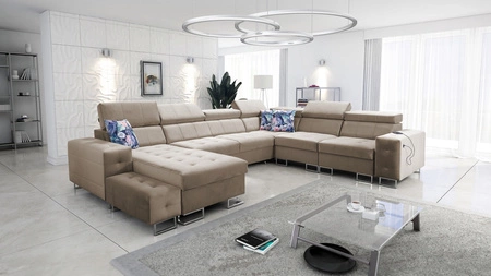 Narożnik z funkcją spania Hampton VIII beżowy lewostronny nowoczesny design narożnik rozkładany do salonu funkcjonalna dostawka