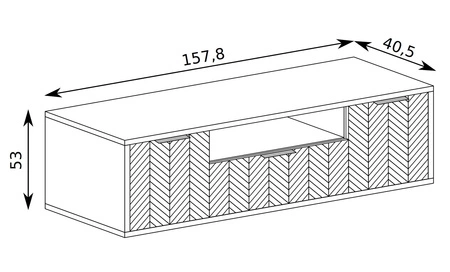 Szafka RTV Fonti 158 cm dąb karmel elegancka stylistyka szafki z szufladą czarne uchwyty krawędziowe finezyjne zdobienie frontów