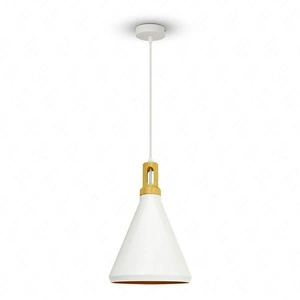 Lampa wisząca Modern 25 cm biała ciekawy design idealna lampa do sypialni metalowy abażur w kształcie stożka zwieńczony drewnem