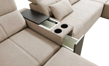 Narożnik z funkcją spania Tesalia V zielony lewostronny komfortowy narożnik z szufladą oraz funkcją przesuwanego oparcia