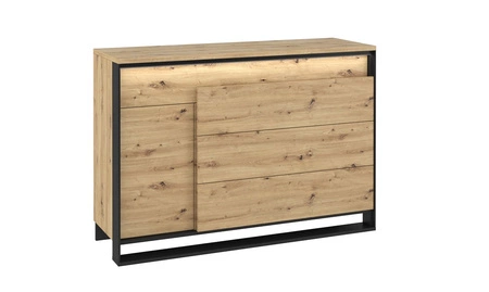 Komoda z szufladami Quant 130 cm dąb artisan / czarny nowoczesny design komoda z oświetleniem LED i frontami w ciekawej konfiguracji
