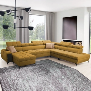 Narożnik z funkcją spania Bolmso X musztardowy lewostronny wygodny narożnik do salonu z regulowanymi zagłówkami dekoracyjne pikowania