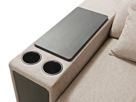 Narożnik z funkcją spania Tesalia miętowy prawostronny nowoczesny design komfortowe przesuwane oparcie szuflada w boczku mebla