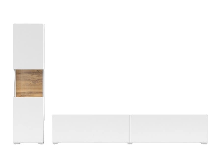 Meblościanka Ava biała / dąb wotan z możliwością powieszenia nowoczesny design szkło hartowane