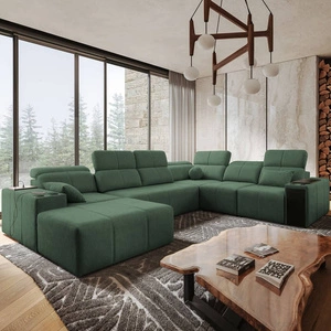 Narożnik z funkcją spania Tesalia VIII miętowy lewostronny komfortowy narożnik do salonu z innowacyjną funkcją przesuwanego oparcia